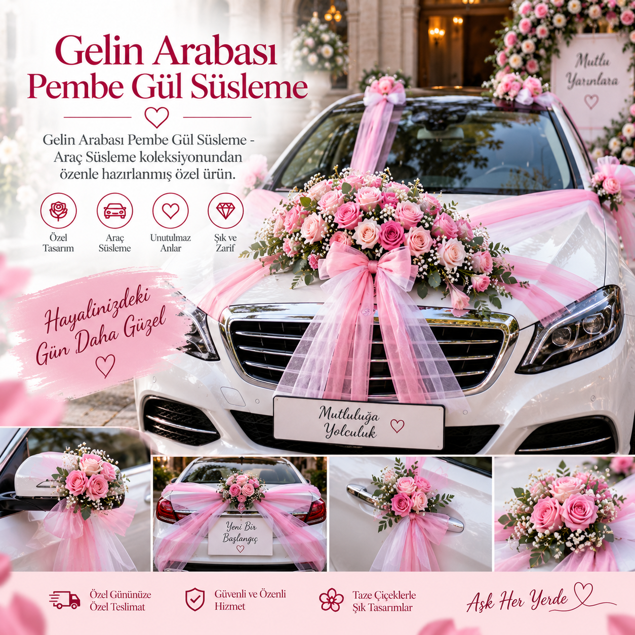 Gelin Arabası Pembe Gül Süsleme