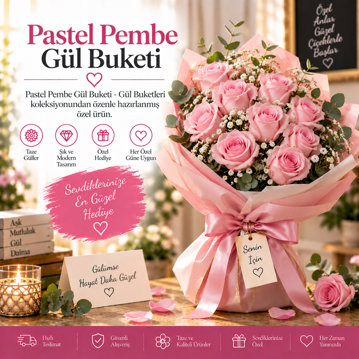 Pastel Pembe Gül Buketi