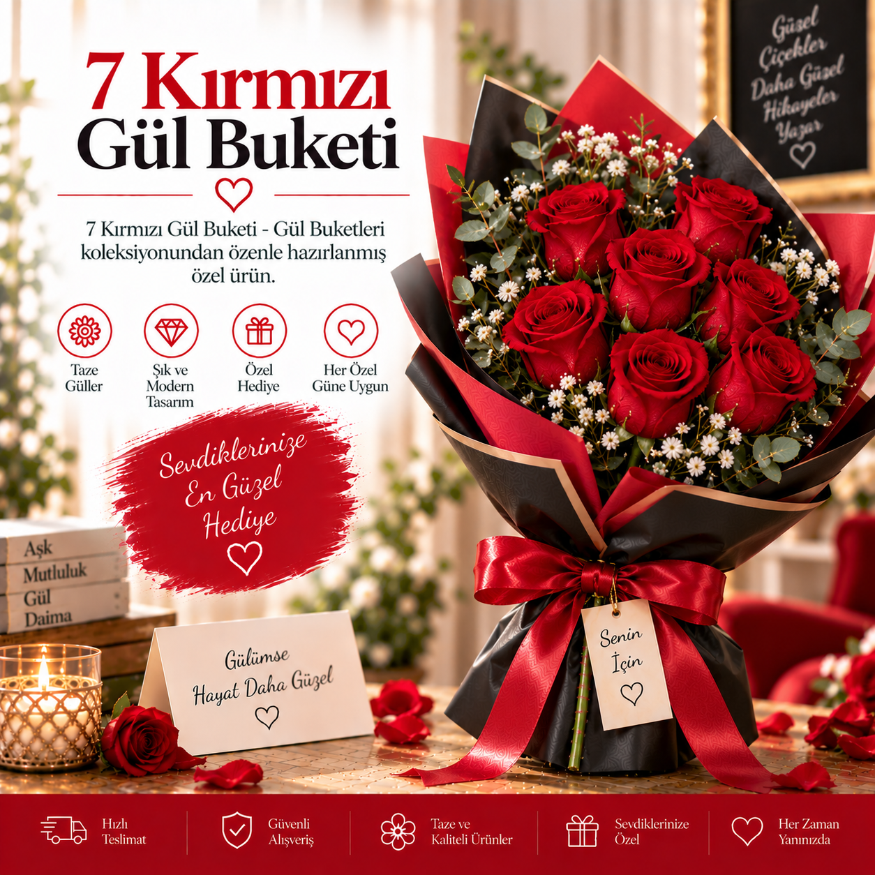 7 Kırmızı Gül Buketi
