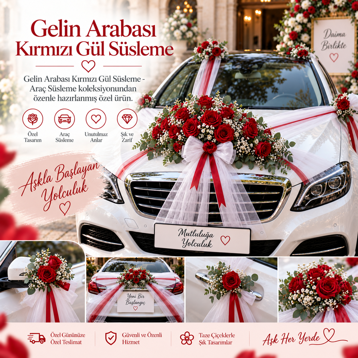 Gelin Arabası Kırmızı Gül Süsleme