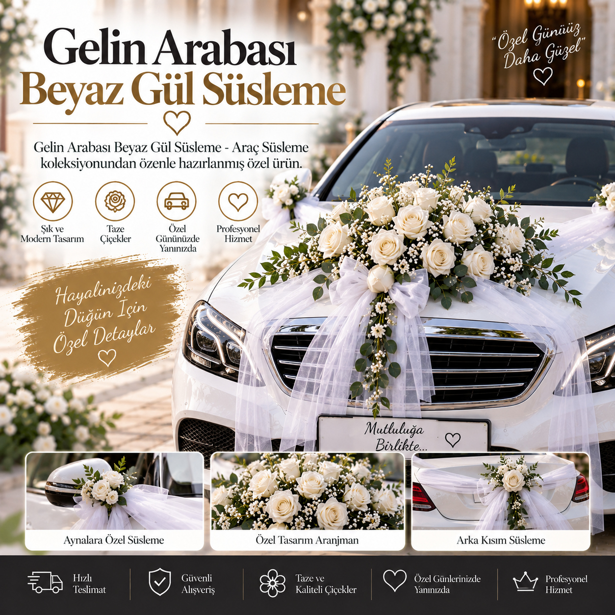 Gelin Arabası Beyaz Gül Süsleme