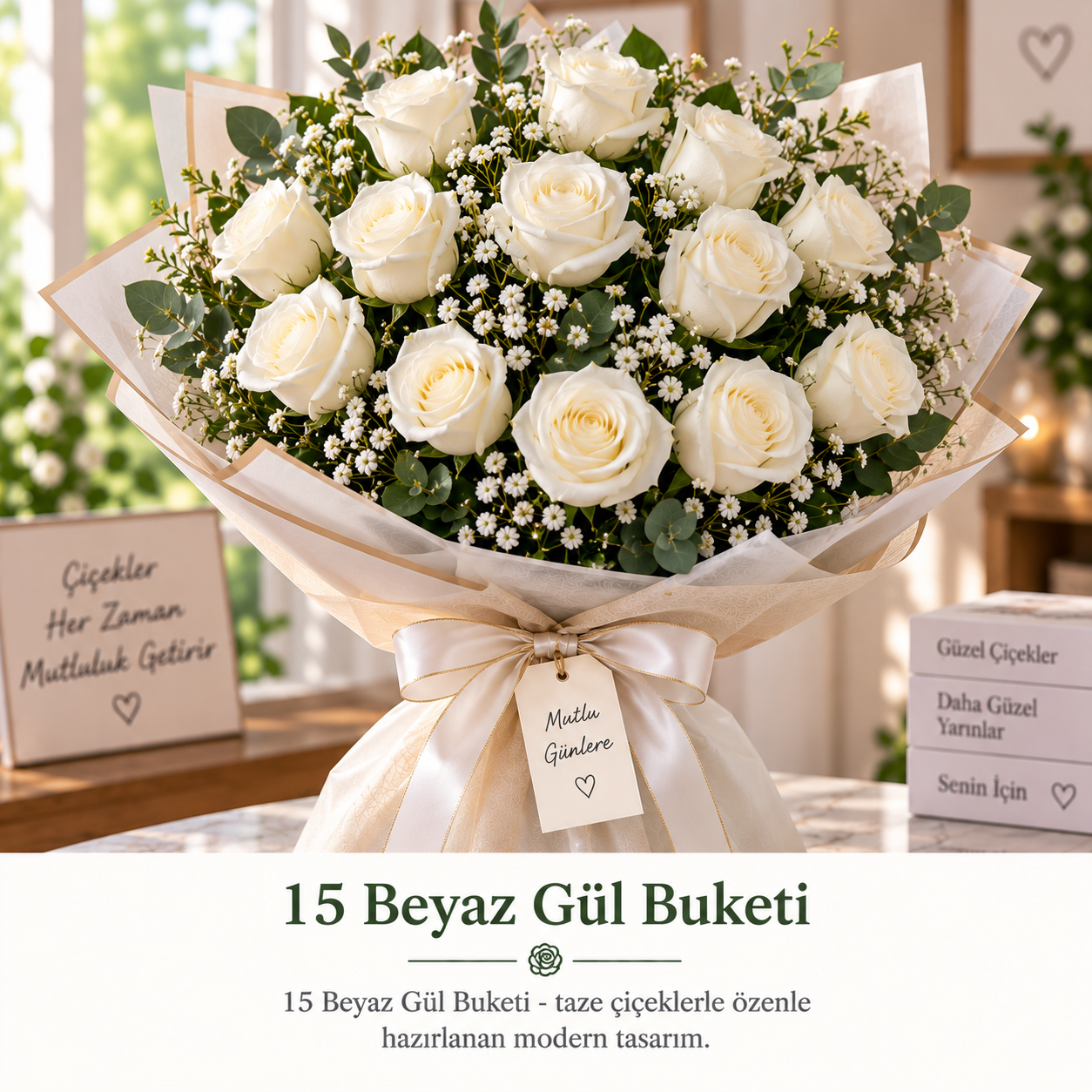 15 Beyaz Gül Buketi